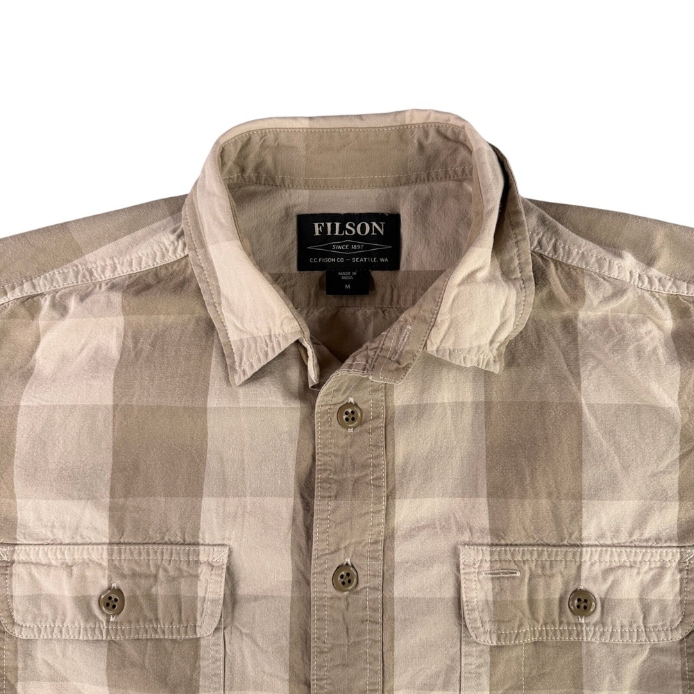 Filson Shirt Mens M Tan Khaki Plaid Check Cotton Button Up Outdoor Workwear